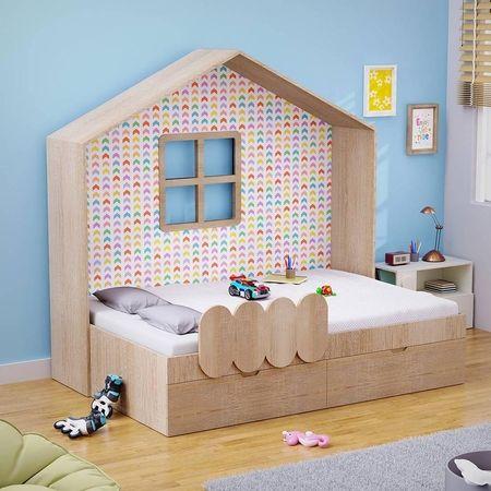 Little Hut Engineered Wood Drawer Storage Bed in Brown Colour