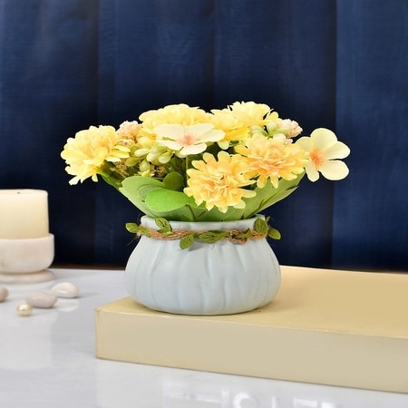 Blue Planter With Artificial Flowers