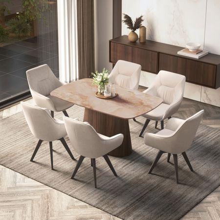 Nola 6 seater Compact Dining Table in Amber Jade Ceramic with Wella Dining Chair in Beige Fabric