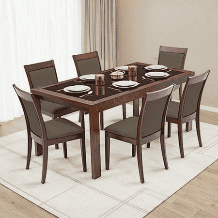 Vanalen 6-To-8 Extendable - Dalla 6 Seater Glass Top Dining Table Set (Colour- Grey , Finish- Dark Walnut)