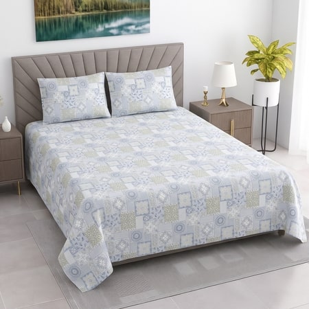 Cream Floral Cotton 400 Tc Flat Queen Size Bedsheet With 2 Pillow Covers