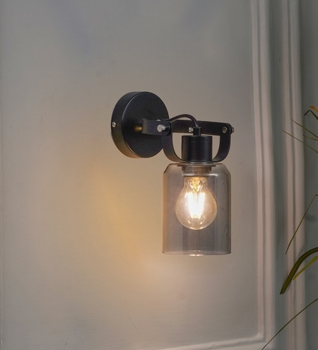 Bravo Single Light Wall Fitting In Black Finish Metal With Smoke Glass