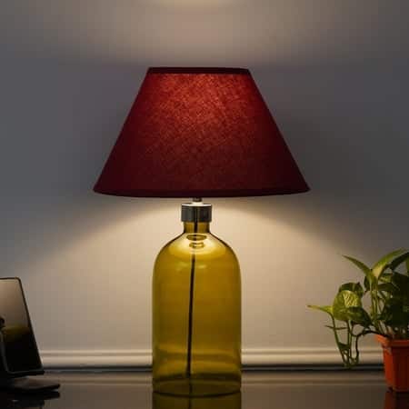 OLVIRA Modern Green Glass Table Lamp with Silver Metal Accent Maroon Shade