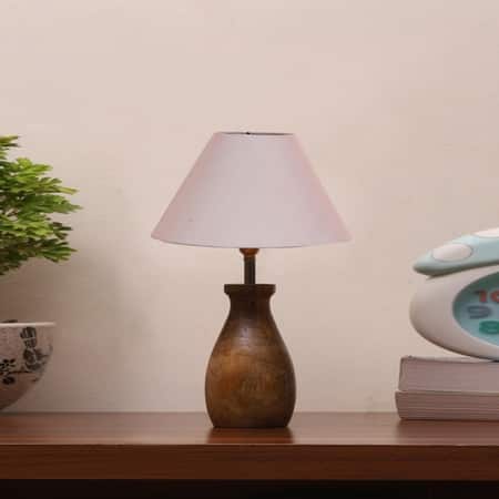 Devansh Grey Cotton Table Lamp With  Wood Natural Base (10X12.5 Inches)-30