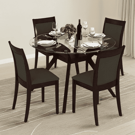 Wesley - Dalla 4 Seater Round Glass Top Dining Table Set (Colour- Grey , Finish- Dark Walnut)