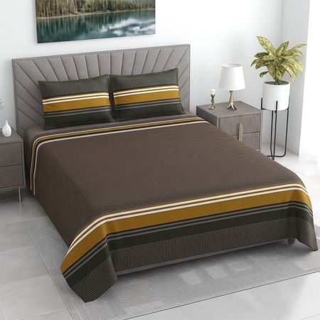 Mustard Geometric 400 Tc Cotton Flat  Super King Size Bedsheet With 2 Pillow Cover