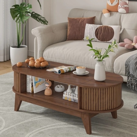 Oval Shaped Coffee Table With Storage, Fluted Accent Table For Living Room