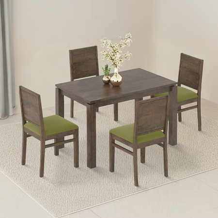 Atlas Solid Wood 4 Seater Dining Table With 4 Atlas Dining Chairs (Finish : Danish Walnut, Chair Colour : Avocado Green)