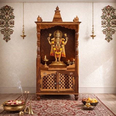 Phiv Sheesham Wood  Prayer Unit in Teak Finish