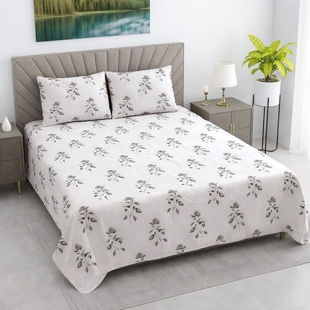 Yash White Floral 400 TC Cotton Flat Double Queen Size Bedsheet with 2 Pillow Covers – Threads