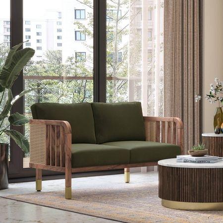 Taran 2 Seater Wooden Sofa in Deep Olive Velvet Colour