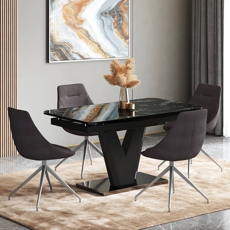 Caribu 4 To 6 Extendable Dining Table With 4 Doris Swivel Accent Chairs (Finish- Black Marble High Gloss, Chair Colour- Dark Grey)