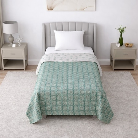 Aira White & Green Floral Cotton Dohar Set Of 2 Reversible Single Bed 350 Tc Size 240 X 160 Cms