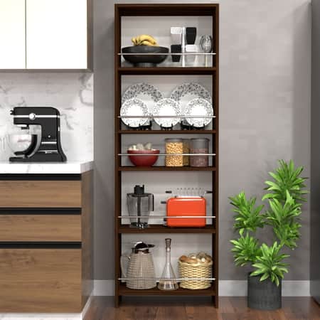 5 Open Shelves In Highland Pine Finish With Free Standing Tall Units.