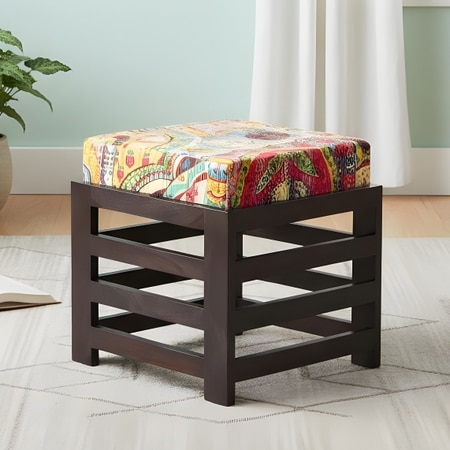 Houston Sheesham Wood Stool in Mahogany Finish & Multi Colour Israel Print Kantha fabric Cushion