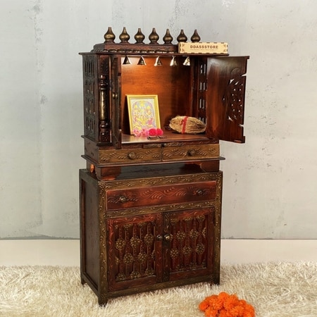 D'Dass Dark Polish Sheesham and Mdf  Wall Hanging Wooden Temple With Cabinet For Pooja