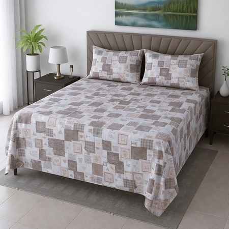 Orin White & Chocolate Floral 400 TC Cotton Flat Queen Size Bedsheet with 2 Pillow Covers – Threads