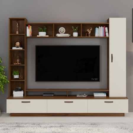 BLUEWUD Fenily Engineering Wood Floor Standing TV Entertainment Unit Set Top Box Stand/TV Cabinet with Shelves for Books & D�cor Display Unit Bed Living Room Upto 60 Inches (Brown Maple & Beige)