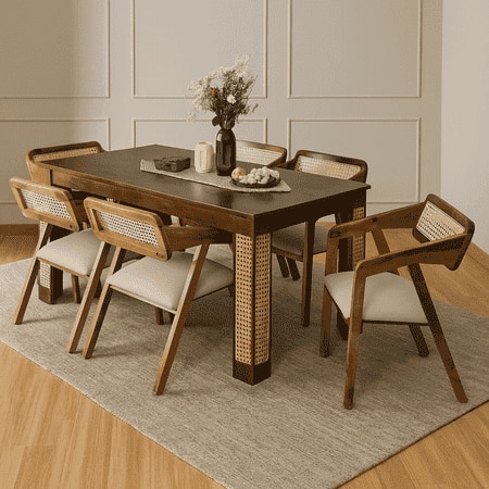 Globally Indian Sheesham Wood  6 Seater Dining Table Set With 6 Cushioned Cane Armchairs – Beige Color