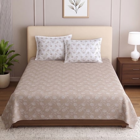 Beige Floral Cotton 400 Tc Flat Single Bed Size Bedsheet With 2 Pillow Covers