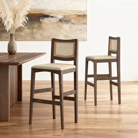 Weber Solid Wood and Cane Bar Chair In Danish Walnut Finish and Biscuit Velvet Colour