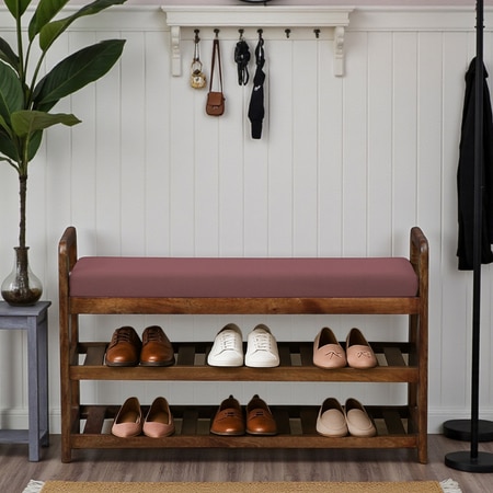 Fjellstad Solid Wood Shoe Rack with Seating in Walnut Brown finish