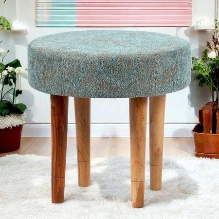 Nayla Solid Wood Stool in Textured Cyan Blue Jackard fabric