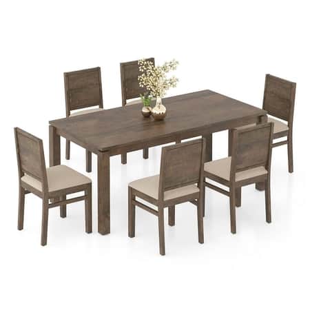 Atlas Solid Wood 6 Seater Dining Table With 6 Atlas Dining Chairs (Finish : Danish Walnut, Chair Colour : Wheat Brown)