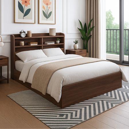 Engineered Wood Double Bed With Head Board Storage in Columbian Walnut Finish