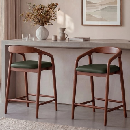 Zen Solid Wood Bar Stool In Honey Finish with Olive Leatherette Colour