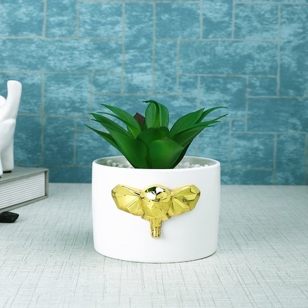 White Elephant Ceramic Planter With Artificial Plant