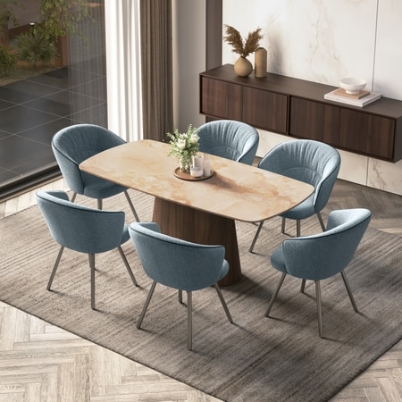 Nola 6 Seater Dining Table With 6  Calix Dining Chairs (Finish : Amber Jade Ceramic, Chair Colour : Powder Blue)