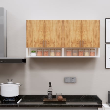 4 Doors Modular Wall Mounted Kitchen Cabinet With Organizer Shelf In Plateau Apple Finish