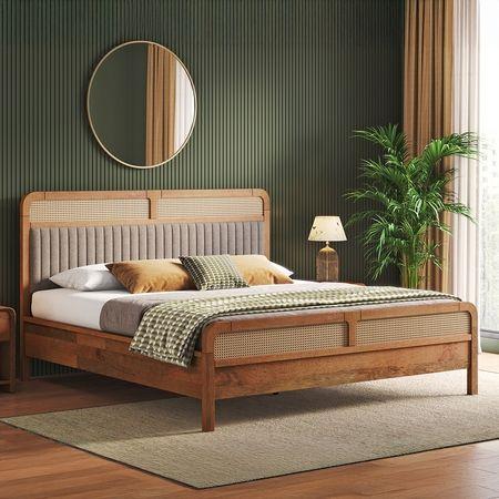 Hanoi Solid Wood Cane King Size Nonstorage Bed In Amber Walnut Finish Fabric Shitake Beige