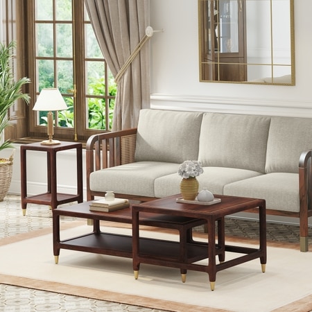Sera Rectangular Solid Wood and Square Solid Wood Nested Coffee Table with Square Solid Wood Side Table in Walnut Finish