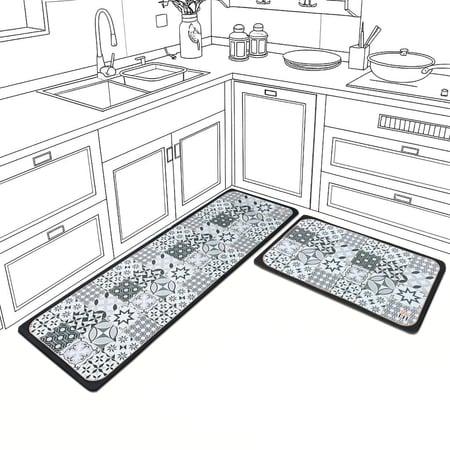 Luxe Home Geometric Design Combo Kitchen Runner Mat - Grey (116x36 & 58x36 cm PC-2)