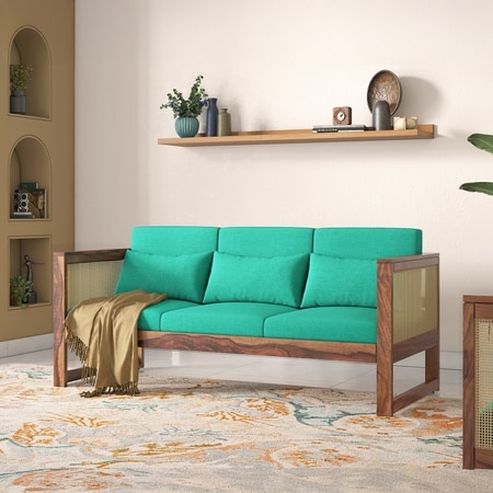 Korai Plus Three seater sofa -Finish -Teak,Fabric - Lagoon Green Futon