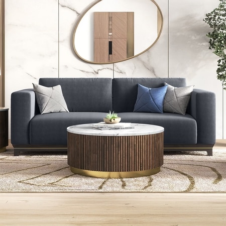 Aurora Round White Marble And Solid Wood Coffee Table In Java Walnut Finish