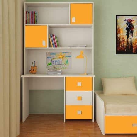 Flora Kids Study Desk cum Bookshelf with Shuttered Cabinets Open Shelves and Drawers in Ivory Mango Yellow Colour