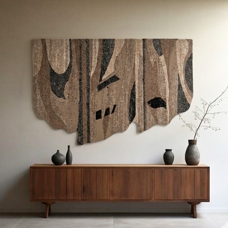 Abstract Organic Handmade Natural Wool Wall Art Brown Taupe 4 x 2 Feet