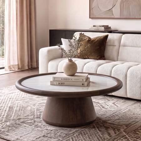 Lazo Solid Wood And Aravali Marble Circular Coffee Table In Dark Chestnut Finish