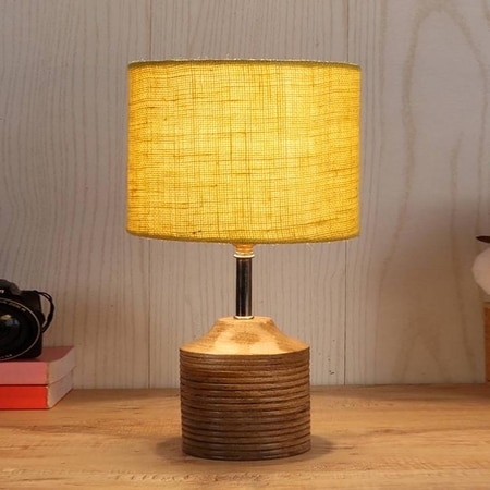 Harper Yellow Natural Fiber Shade Table Lamp with Natural Wooden Base
