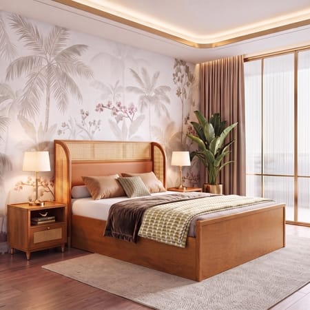 Fiji Wingback Cane and Solid Wood King Size Hydraulic-Storage Bed in Nappa tan Leatherette