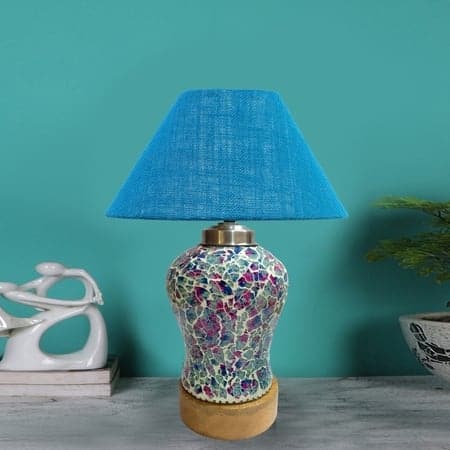 Devansh Conical Turquoise Jute Shade Lamp With Wood & Mosaic Glass Base For Decoration /Office/Home/Gifting/Study For Decoration /Office/Home/Gifting/Study -(10X10X14.5) Inches -
