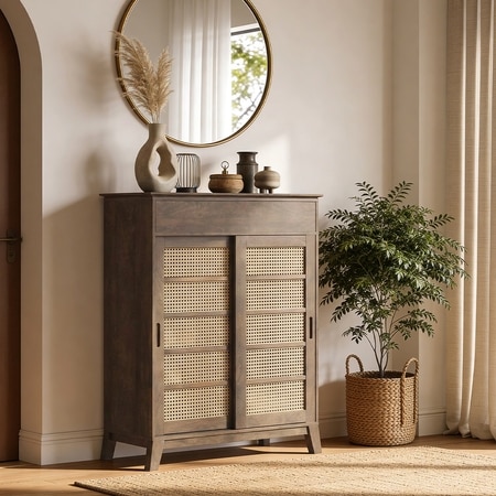 Fujiwara 20 Pair Solid Wood and Cane Shoe Cabinet With Drawer In Danish Walnut Finish