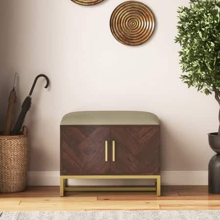 Nina 4 Pairs Solid Wood Shoe Cabinet With Seat In Mango Walnut Finish Taupe Leatherette