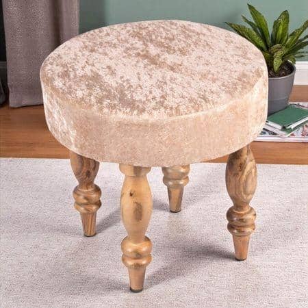 Roswell Sheesham Wood   Round Stool in Beige Sparkle Velvet Upholstery