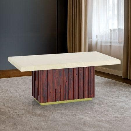 Gabriele Onyx Composite Solid Teak Wood 6 Seater Pedestal Dining Table In Clear Teak Finish