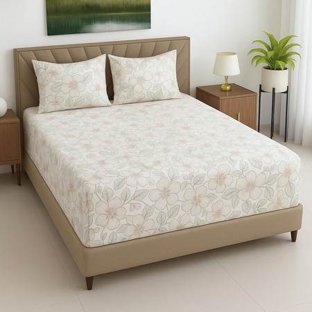 White Color Floral 400 TC Cotton Fitted Super King Bed Size Bedsheet With 2 Pilllow Covers  Threads