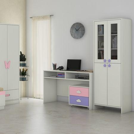 Renata Large Bookshelf cum Storage Cabinet with Toughened Glass Doors and Star Shaped Knobs in Ivory Persian Lilac Colour